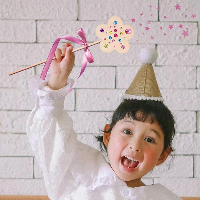 Princess Fairy Wands Craft Kit (14 PCS), Kid Birthday Party Supplies | Make Your Own Magic Wands Include Unfinished Wooden Fairy Wands, Gem Stickers, Ribbons, Ideal for Kids 6+