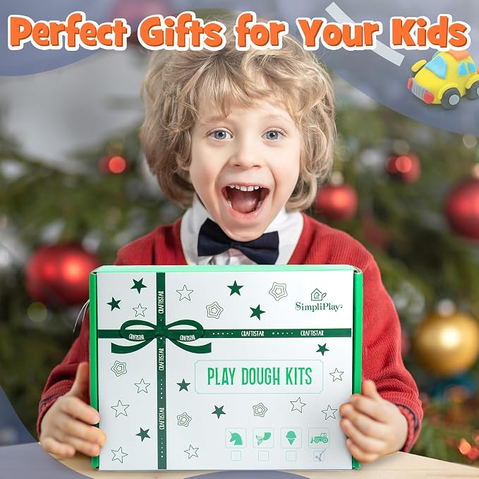SIMPLIPLAY Construction Sensory Kit with 6 PCS 18oz Glitter Doughs | Color Dough Set & Accessories(About 80pcs), Construction Boy Sensory Kit with Toy Trucks for Kids Toddlers Creative Gift