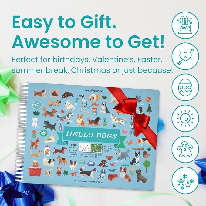 Cupkin Hello Dogs Coloring & Sticker Activity Book | 500+ Stickers | Spiral-bound kids craft format with 12 scenes, 12 art pages, side-by-side viewing, and an easy-peel design for ages 2–8