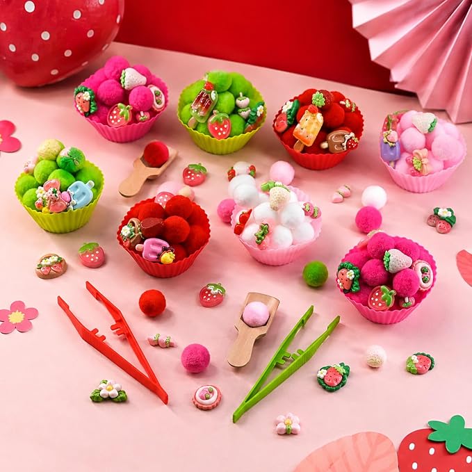 155 Pcs Strawberry Sensory Bin Filler Summer Counting Sorting Sensory Bin Items Fine Motor Counts for Summer Strawberry Sorting Counting