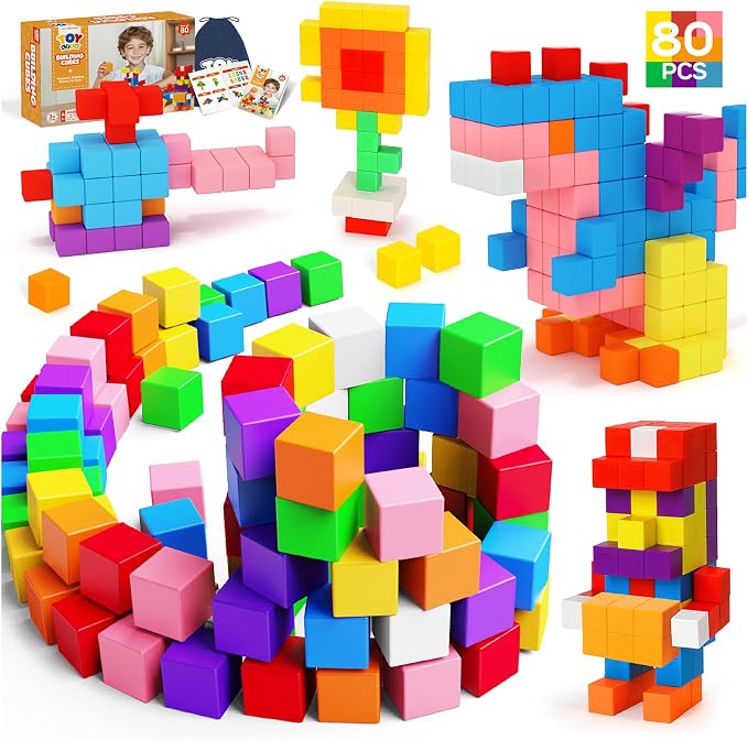 TOY Life Primary Magnetic Blocks, 80-Piece STEM Set, Ages 3-8 | bright ABS cubes, storage bag and idea guide, strong connections, creative play