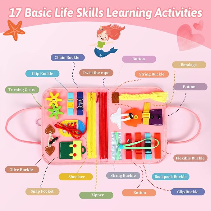 8 in 1 Pink Montessori Toys Busy Board - Sensory Activity Book for Kids | Interactive Preschool Busy Book For Fun Basic Motor Skills Educational Toys,Airplane Travel Essentials, Girls Birthday Gift