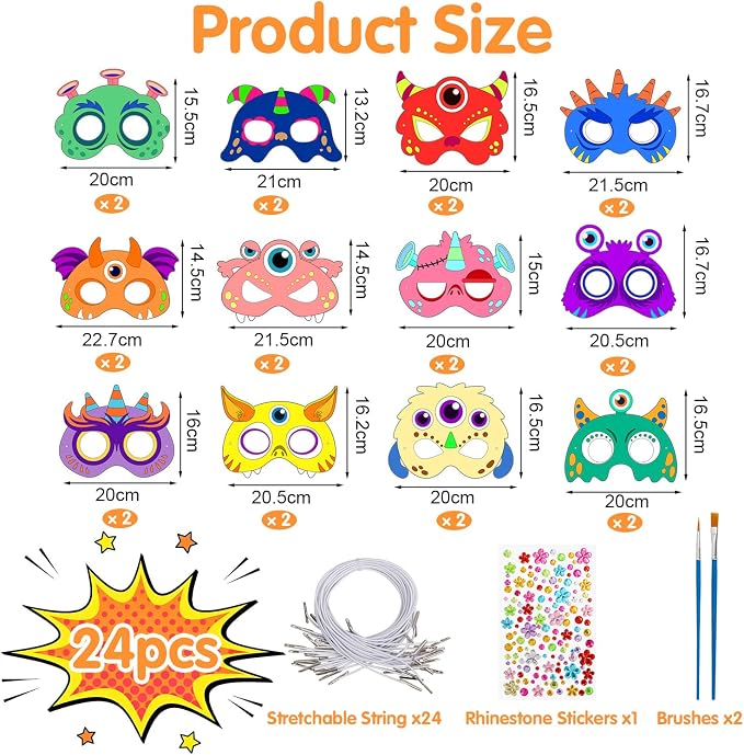 24 Pcs Monster Crafts for Kids DIY Coloring Masks School Activity | DIY Color Your Own Cartoon Monster Arts and Crafts for Masquerade Birthday Dress-Up Cosplay Party Favor Class Game Supply