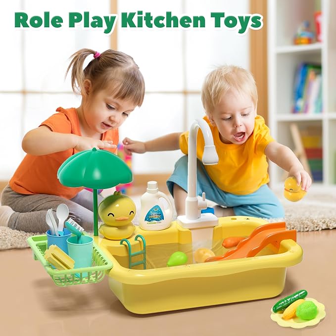 CUTE STONE Play Sink with Running Water, Kitchen Sink Toys for Pretend Play | Play Food, Kitchen Utensils, Pool Floating Toy for Fishing Game, Children Electric Dishwasher Toy Gift for Kids Boys Girls