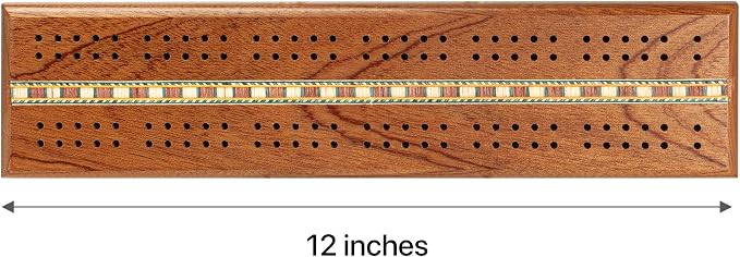 Sterling Games Wooden Cribbage 12 inch Double Track Cribbage Board with Rich Italian Inlaid for 2 Players Playing Cards Included
