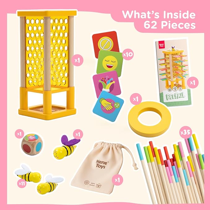 Nene Toys BeeFall Wooden Tower Game for Kids 3+ – 4-in-1 Stick Drop Bee Game with Dice & Action Cards, Rainbow Sticks Ring – Montessori Board Game for Family Game Night, Fine Motor Skills