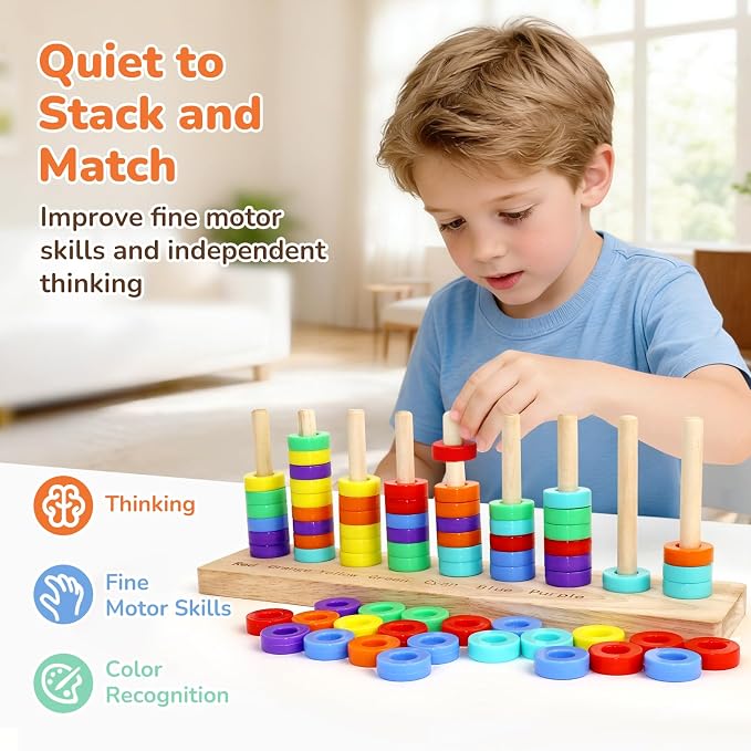 Color Sorting Stacking Game Toys, 7 Colors Ring Stack Challenge Puzzle Game, Wooden Rings Color Matching & Stacking Toys for Kids, Competitive Tabletop Game for Family Night, Gifts for Boys and Girls