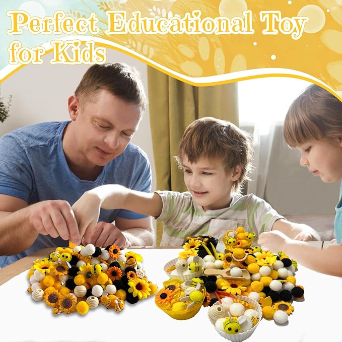 196Pcs Sensory Bin Filler, Fine Motor Toys Bee Themed Sensory Bin Items Counting Sorting Toy Colorful Pom Poms Cup Bee Honeycomb Wooden Scoop for Preschool Education Activities