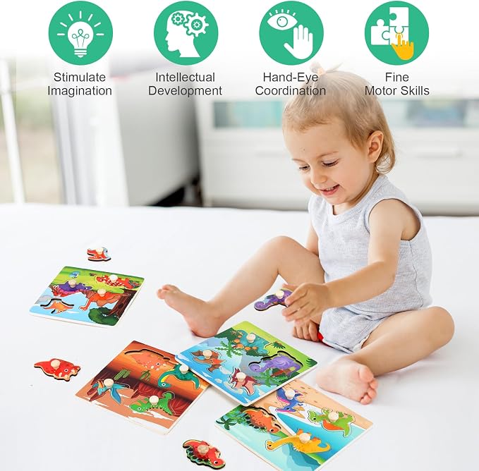 Wooden Peg Puzzles for Toddlers 1-3, Kids Educational Preschool Peg Puzzle Toy Ages 2-4, Set of 4 Dinosaur Toddler Puzzles, Ideal Gift for Ages 1 2 3 4 Boys and Girls