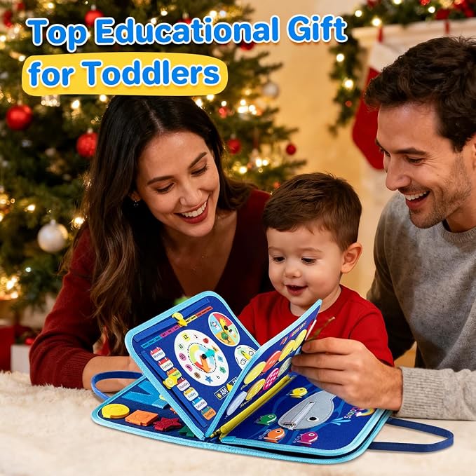 Montessori Busy Board,Busy Book Travel Toy Gifts for Toddler Boy Girl 1-3 | Sensory Toys,Preschool Educational Toy,Fine Motor Skills,Activity Book,For Airplane & Car,Blue Multipages