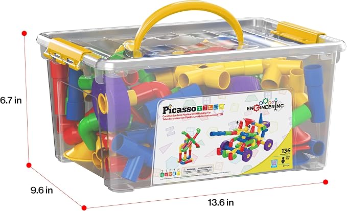 PicassoTiles PTT136 136pcs Tubular Pipes & Spout STEAM Interlocking Educational Building Block Set, Tube Locks, Pipeworks Construction Blocks w/Storage Container Box, Idea Book, Flute Musical Kit | 7 tube styles, easy-connect joints, idea guide, storag...