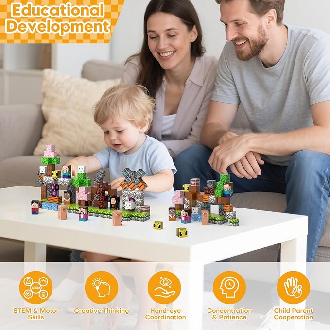 100pcs Magnetic Building Blocks,Magnetic Cubes STEM Sensory Toy for Ages 3+ | Magnet Tiles with 3D Adventure World Theme,,Girl Boys Gifts,Sensory School Classroom Learning,Parent-child Collaboration
