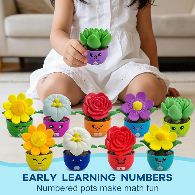 GEERAY Montessori Flower Garden Building Toy, 10 Sets Toddler Shape & Color Matching Game, Fine Motor Skills Preschool Sensory Toys, Educational Gardening Gift for 1-3 Year Old Boys Girls