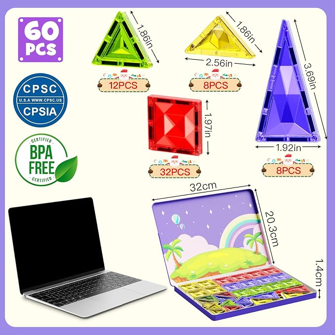 WMXDU Travel Magnetic Tiles Set: Tablet-Light, Group Play for Girls 3-8 | 60-Piece Travel Set, Keeps Girls Engaged in Group Play for 60+ Minutes in Cars/Planes Iron-Box Storage