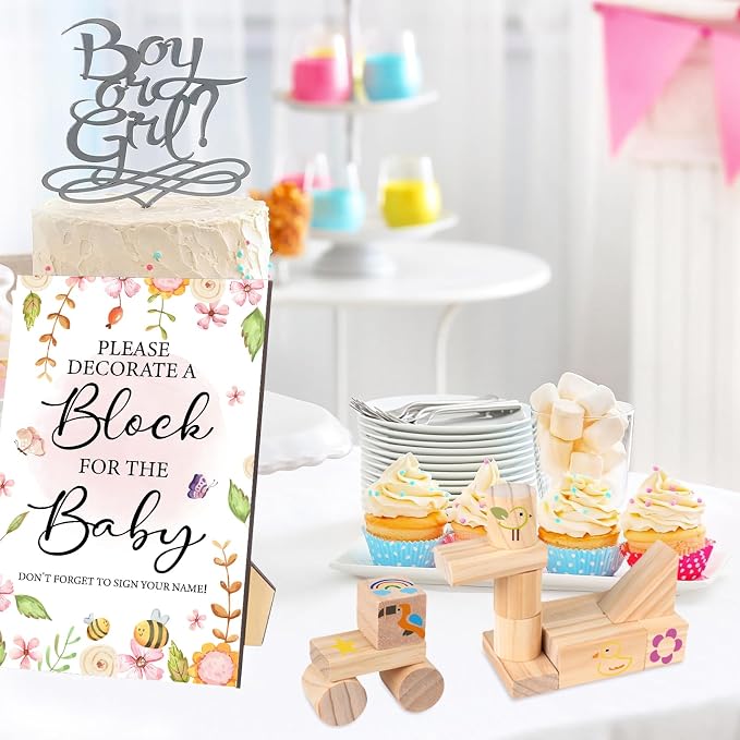 141 Pcs Baby Shower Game Sign Set Includes Decorative Square Signs 100 DIY Blank Wooden Blocks 20 Paint Markers(Garden)