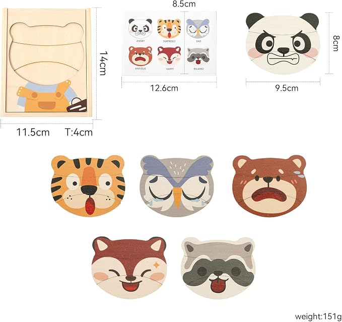 Emotion Animals Wooden Puzzle for Ages 3+, Mix-and-Match Animal Faces with Storage Box, Montessori Toy for Fine-Motor & Storytelling, Birthday