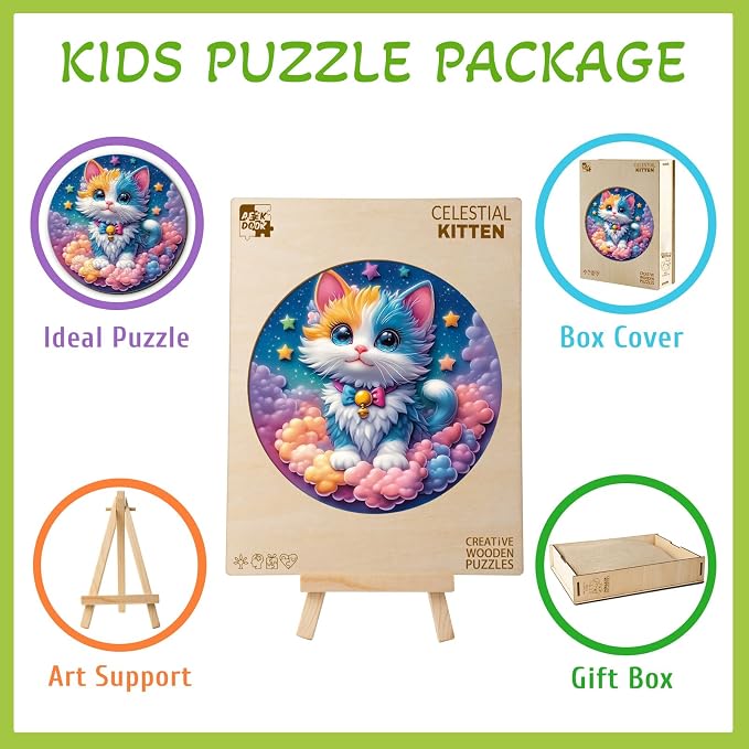 Rainbow Wooden Puzzles for Kids - Celestial Kitten | 50 Piece Puzzles for Kids Ages 6-8, Kids Puzzles with Unique Animal Shapes, Round Gift for Girls and Boys (11.4 * 11.4 in)
