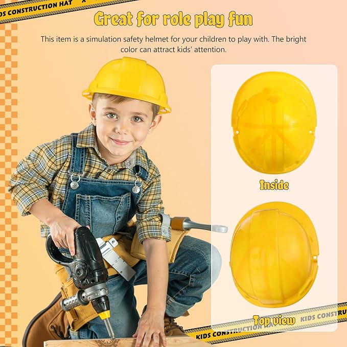2pcs Kids Construction Hat Yellow Plastic: 8.26 Inch Hard Hats Worker Helmets for Kids Pretend Role Play Themed Parties Dress up and Fun
