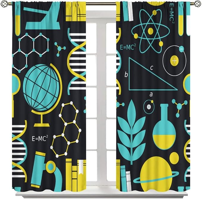 Science Bedroom Curtains, Chemistry Science Pharmacy Research Blackout Rod Pocket Window Drapes for Childs Girls Boys Bedroom Living Room Home Set 2 Panels,55x63 Inches
