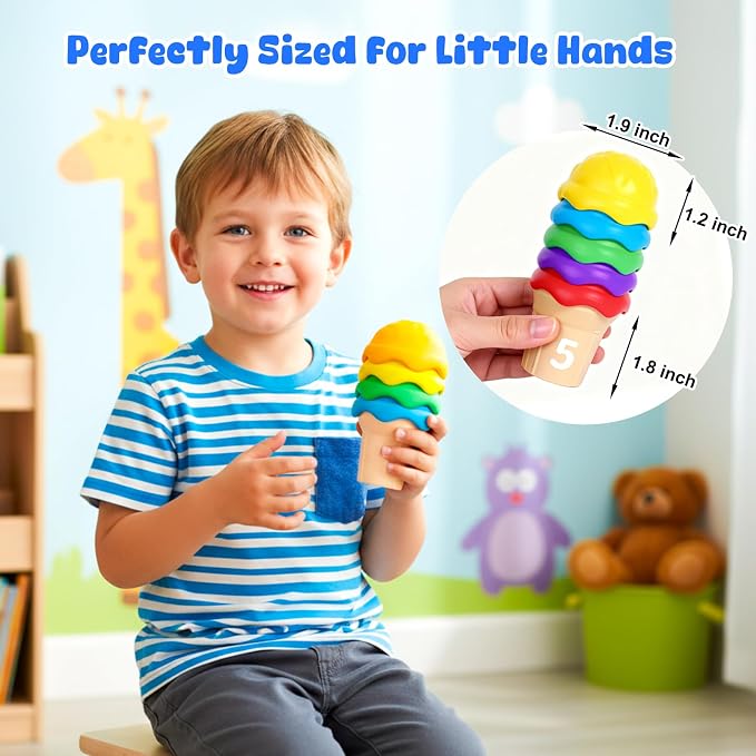 NEOROD Ice Cream Toys for Toddlers 1-5, Montessori Counting Manipulatives | 6 Cones & 42 Scoops Math Color Sorting Set, Fine Motor Stacking Game with Storage Container, Safe Rubber Sensory Play