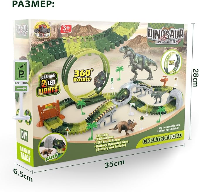 Coroiesty 173 PCS Dinosaur Race Tracks for Kids Toys with 360° Loop Ramp | Glow in The Dark Magic Toy Set, 1 Dino Car Track, 2 Realistic Dinosaurs, Flexible DIY Track Set, Gift for Boys Girls Age 3-9