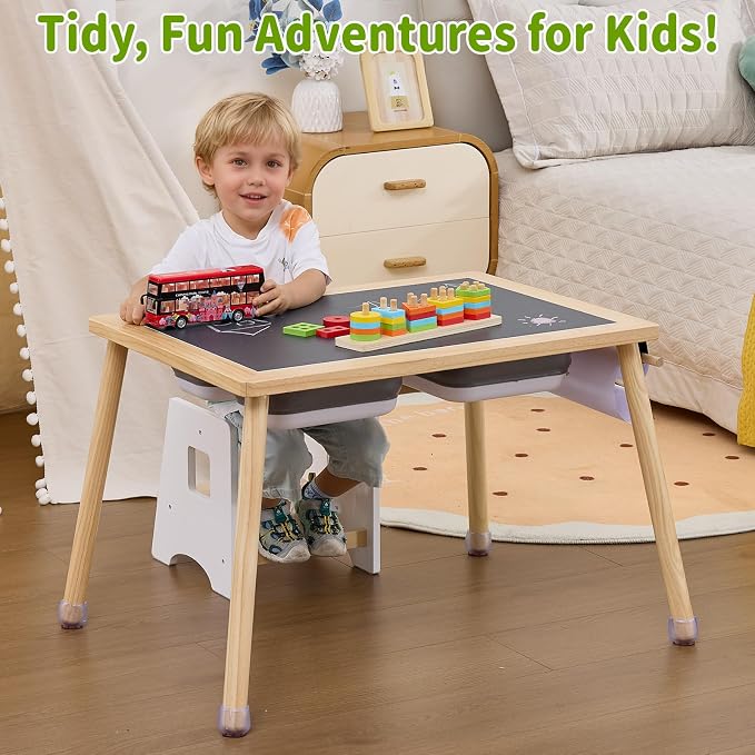 Sensory Table for Toddlers Kids, Wooden Activity Table for Play Study Paper Roll Holder Indoor/Outdoor Montessori Play Sand and Water Table with Foldable Toys Storage Bins