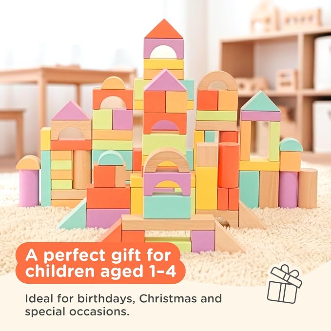Nene Toys 100-Piece Wooden Building Blocks for Toddlers 1-3 - Bright Colorful Montessori Stacking & Sorting Toy - 11 Shapes, Vibrant Colors - FSC-Certified Wood Gift for Boys & Girls 1-4