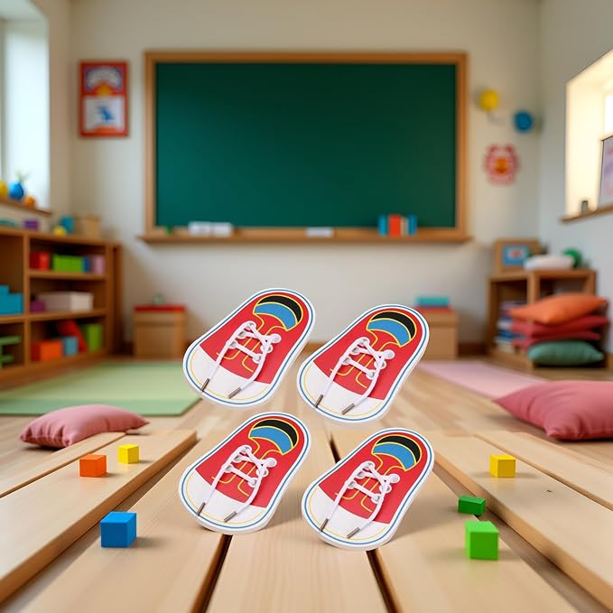 Jinshining 4 Pcs Shoes Learning Toy Kits Learn to Tie Your Own for Kids Practical Learning Toys for Young Children Training Board Kids Toddler Early Wooden Threading Lacing Shoes Craft Kits