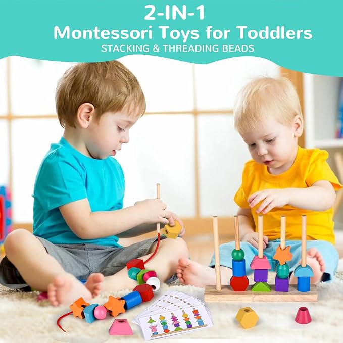 Montessori Bead Sequencing Toy Set, Wooden Stacking Blocks & Lacing Beads & Matching Shape Colors Stacker, Montessori Toys for 3 4 5 Year Old, Toddlers Preschool Learning Fine Motor Skills Toys