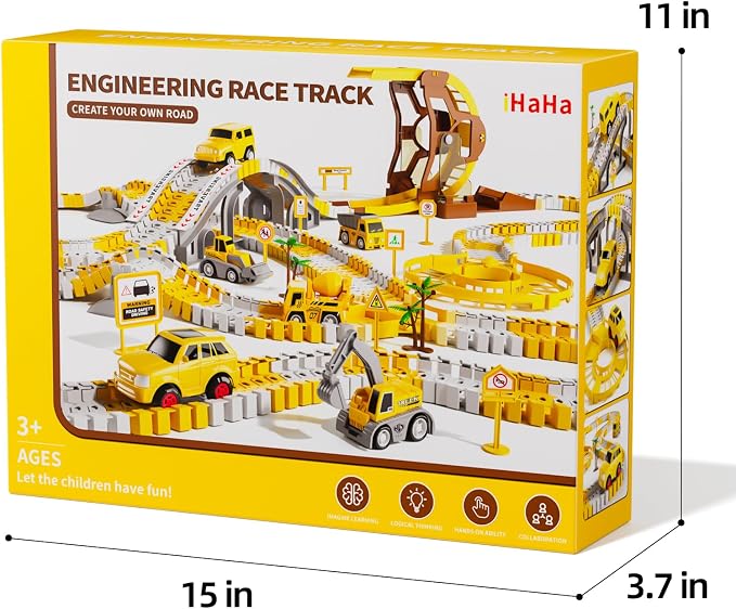 iHaHa 299 PCS Construction Race Tracks Boys Toys, 6 PCS Engineering Cars and Flexible Race Track Playset Create A Engineering Road Gifts Toys for 3 4 5 6 Year Old Boys Kids
