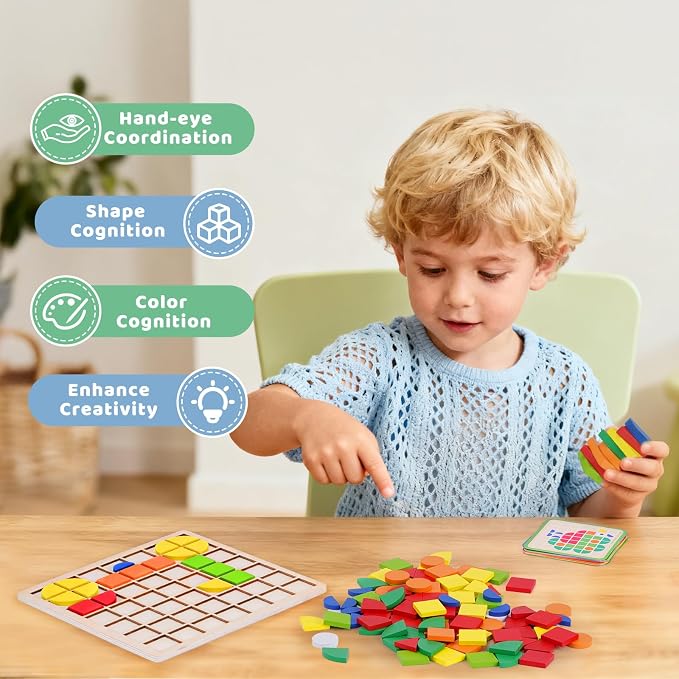 Wooden Pattern Blocks with Grid Board 142PCS Wood Mosaic Tiles Montessori Shape Puzzle Tangrams for Kids with Storage Bag Preschool Educational Toys for Boys Girls Ages 3+