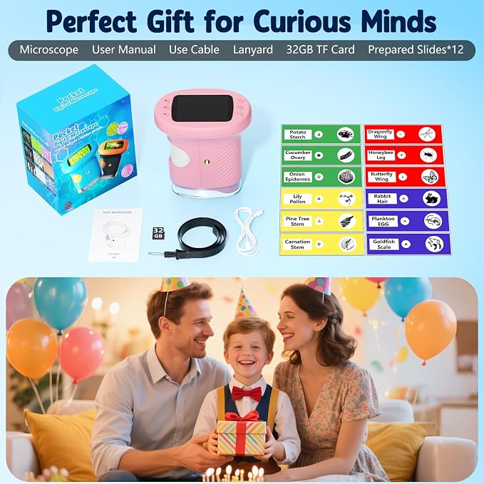 Odatay 4K 1000X Digital Microscope for Kids with Long Distance Viewing & 2.4" Screen, Portable Handheld Edu Toys for Kids Exploring Bugs Plants at Home Classroom & Outdoor Travel, Bright Pink