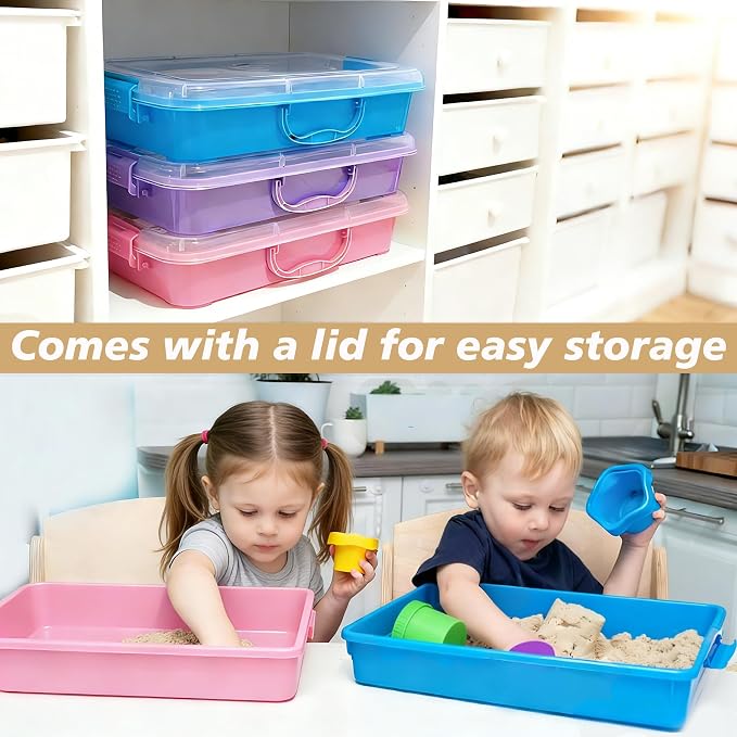 4 Qt (3.8L) Sensory Bin With Lid - 3 Pack, Stackable Storage Sensory Bins with Lids, Portable Sandbox, Organizers Sand, Arts, Crafts, (Blue, Purple, Pink)