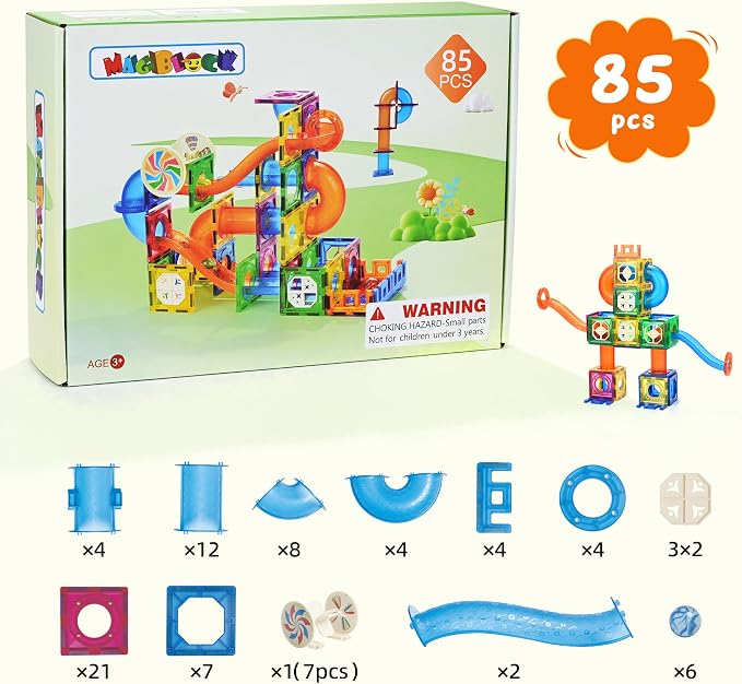 MAGBLOCK 85PCS Marble Run Magnetic Tiles Toy Building Blocks STEM Ages 5+ | Educational Brain Development Kit, Magnet Construction Toys for Boys Girls Kids Age 5 6 7+ Years Old