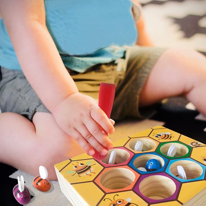Toddler Fine Motor Skill Toy, Bee to Hive Matching Game, Montessori Wooden Color Sorting Matching Toy, Preschool Educational Learning Toys Gift for Toddler 3 Years Old