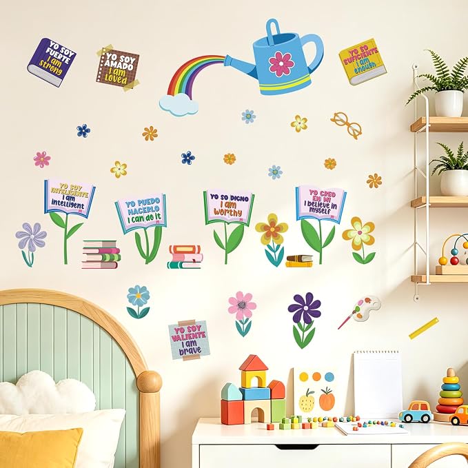 LHIUEM Positive Self-Affirmations Wall Sticker Boho Flower Book Wall Decal | Inspirational Quote Window Clings Colorful Mental Health Therapy Decoration Bulletin Board Vinyl Sticker for Classroom