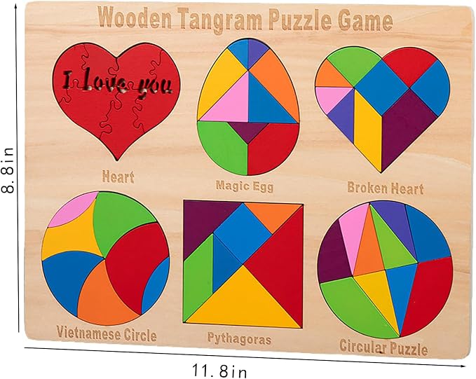 Wooden Blocks Puzzle Brain Teasers Toy 6 IN1Geometric Wooden Tangram Puzzle Game Geometry Jigsaw Logic IQ Games Fidget Toys STEM Montessori Educational Gift for Kids Adults