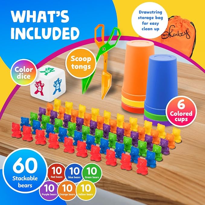 Rainbow Stacking Bears & Sorting Cups, 69 Pc Set, Storage Bag | 60 Bear counters, Scissor Tongs, Rainbow Cups, Storage Bag, Sorting dice Game, Educational, Sensory
