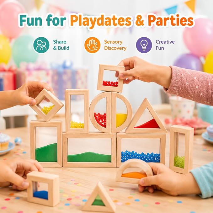 Rainbow Sensory Toys Blocks,15 Pcs Large Wooden Building Blocks for Toddlers Baby Kids,Colorful Geometric Stacking Toys, Preschool Educational Toy Set