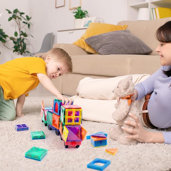 Mruikeny Magnetic Tiles Cars Construction Set - 4 PCS Magnetic Tiles Magnet Bricks Truck Sensory Toys, Educational Magnet Cars Set Building Blocks for 3 4 5 6 7 8+ Year Old Girls Boys