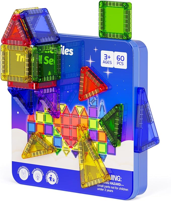 Mini Magnetic Tiles Travel Kit: 60Pcs Airplane Activities & Road Trip Toys | Visual Storage Box & Metal Play Base - Portable STEM Sensory Building Blocks for Toddlers & Kids Ages 3-8