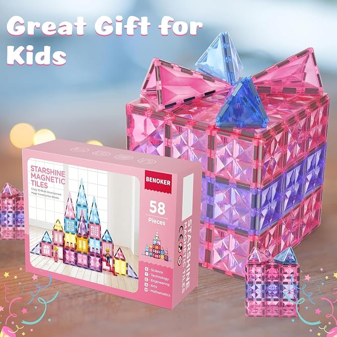 BENOKER Pink Castle Magnetic Tiles for Kids Ages 3-8, 3D STEM Toys with Sparkling Building Blocks, Creative Educational Gift for Boys and Girls, Preschool Learning Toys for Birthday | 58P sparkling pink castle magnetic tiles, creative educational gift ...