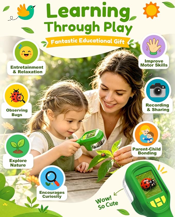 Digital Bug Catcher for Kids, Outdoor STEM Toys Birthday Gifts for Kids 3+ | 1080p Bug Magnifier, Microscope for Kids with Auto Focus, 8 LED Fill Lights, for Summer Camping Travel Science Toy Age 3-12