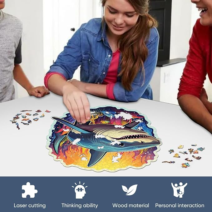 Qiuenisray Wooden Puzzles for Adults, Shark Ocean Jigsaw Puzzles 200 Pieces, Funny Wall Decor, Wood Puzzle, FSC Certified Unique Shape Adult Puzzles Pieces, Creative Gift for Family Game 11.1x11.2 in