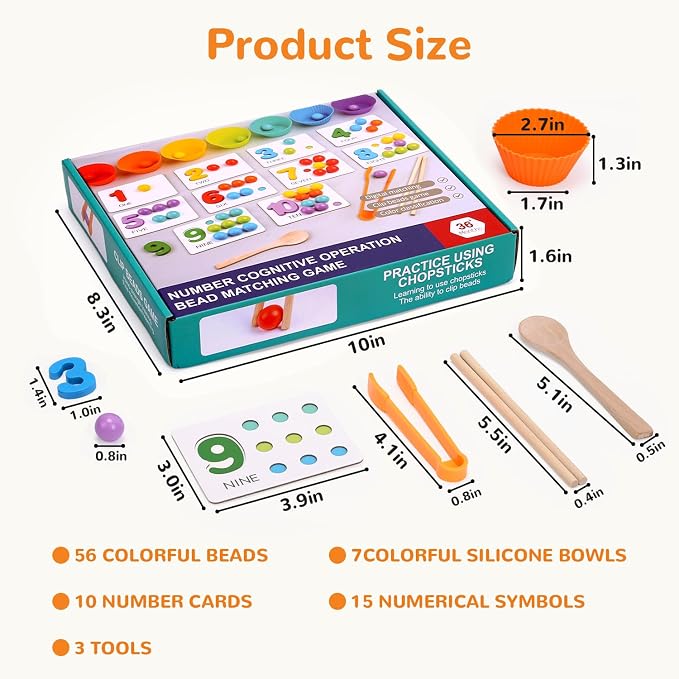 Wooden Peg Board Bead Game, Montessori Arithmetic Math Toy Set | beads, chopsticks & spoons, children's preschool fine motor toys for 3 4 5 years old
