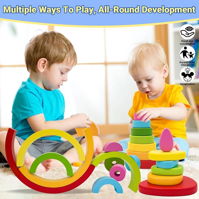 MEGRANATE Montessori Wooden Rainbow Stacking Toys for Kids Wood Building Blocks Nesting Puzzle Toy Colorful Stacker Arch Game Sensory Educational Learning Toys for 3+ Year Old Kids