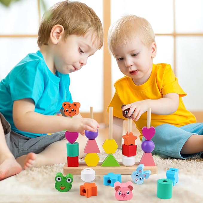 Vinlon Montessori Toddler Game Toys for Boys Girls 2 3 4 Years Old, Cute Animal Vivid Colors Shape Sorting & Stacking Toy Building Blocks Early Learning Educational Toys Easter Basket Stuffers