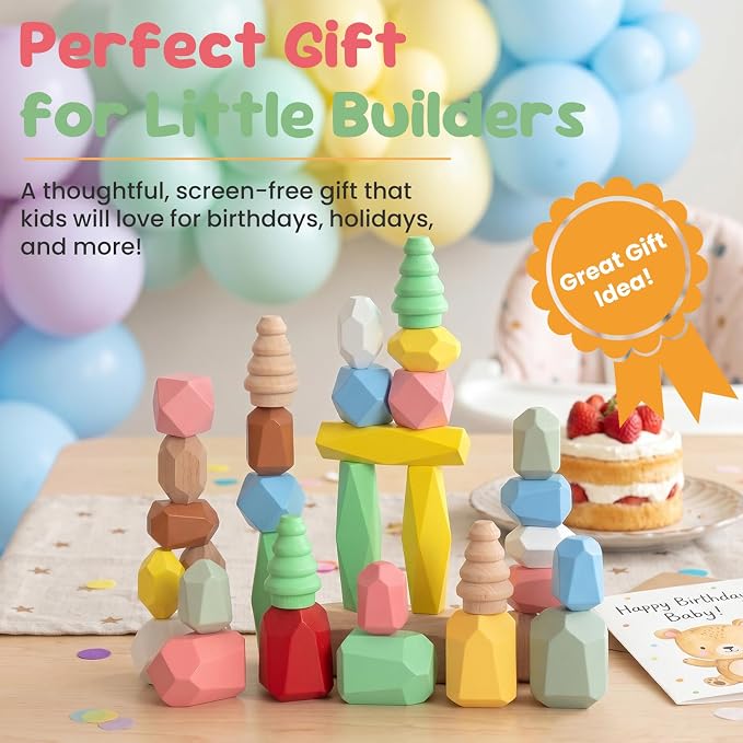 WOODENFUN Wooden Stacking Rocks Stones Building Blocks Sensory Toddler Toys | 36Pcs Montessori Toy Preschool Learning Activities Balancing Stacking Game, Birthday Gifts for Kids 3-5 Year Old
