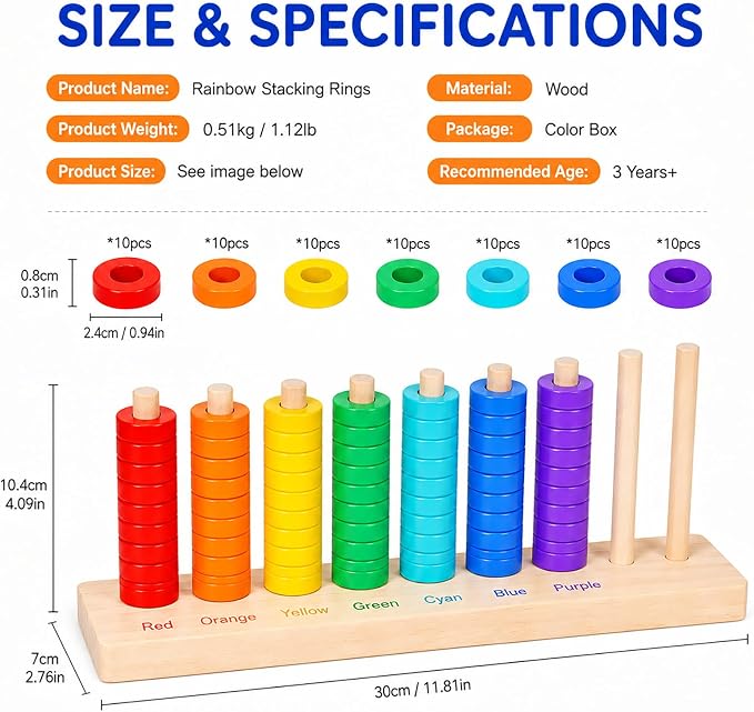 Montessori Wooden Color Sorting Stacking Toys, Montessori Toys Rainbow Rings Game with 70 Pieces, Fine Motor Skills Learning Toy, Educational Preschool Gift for Boys Girls Age 3 4 5+