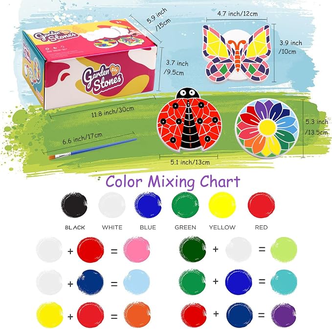 Weilim Paint Your Own Stepping Stones, 5-Pack DIY Garden Craft Kit for Kids | 5 Ready-to-Paint Ceramic Garden Stones + Paints & Brushes; Shapes Butterfly, Turtle, Flower, Tree, Ladybug; No Baking Needed